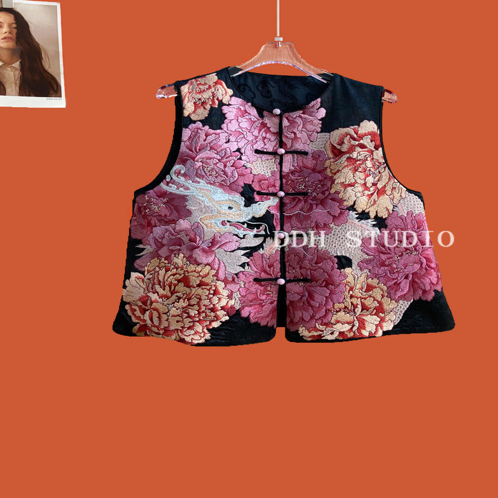 New Chinese style national style peony embroidery vinegar vest 2024 new style buckle retro top image 19
