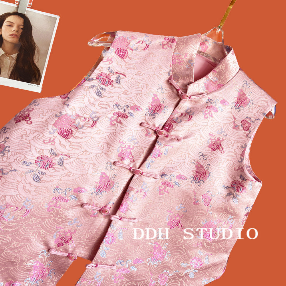 New Chinese style silk jacquard vest women s buckle improved sleeveless versatile woven brocade Chinese style top 2024 image 20