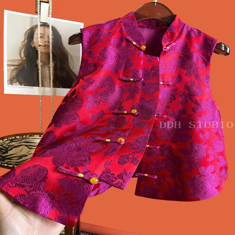 New Chinese style silk jacquard vest women s buckle improved sleeveless versatile woven brocade Chinese style top 2024 image 31