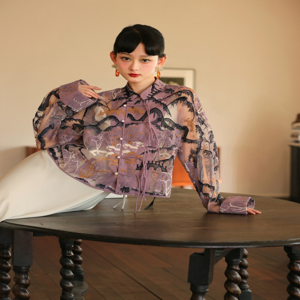CHARMMY YE Playful Design Original Landscape Embroidery Purple Loose Short Tang Costume New Chinese Long Sleeve Cardigan image 7