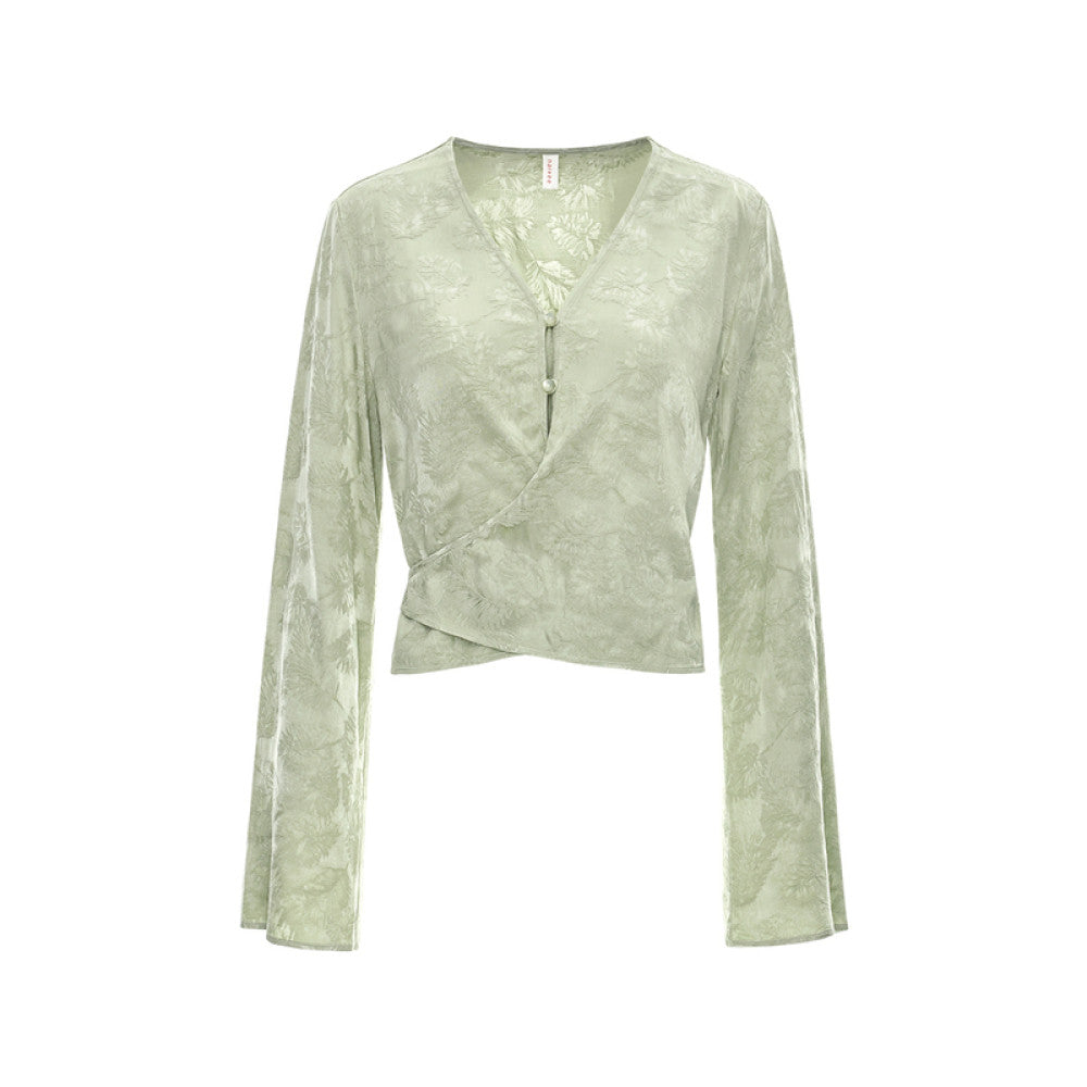 Naivee New Chinese Jacquard V neck Waist Horn Sleeve Mint Manbo Long Sleeve Shirt Women s Autumn Small Shirt image 12