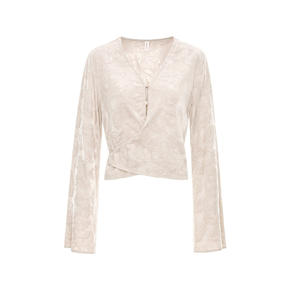 Naivee New Chinese Jacquard V neck Waist Horn Sleeve Mint Manbo Long Sleeve Shirt Women s Autumn Small Shirt image 37