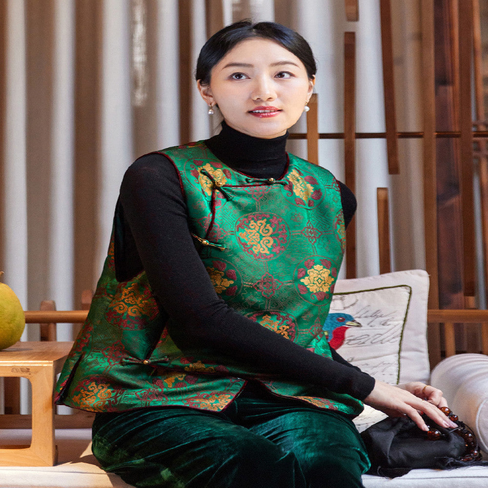 Feiyi Tangdong silk woven brocade fragrant cloud yarn versatile stand collar women retro Chinese style loose buckle clip cotton horse clip women image 3