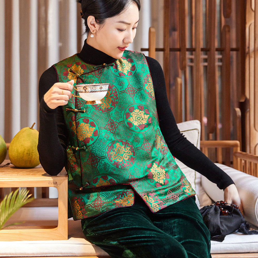 Feiyi Tangdong silk woven brocade fragrant cloud yarn versatile stand collar women retro Chinese style loose buckle clip cotton horse clip women image 10