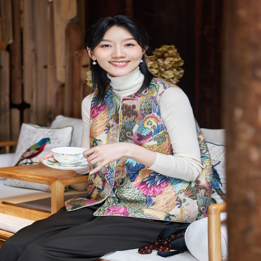 Feiyi Tang style Chinese style improved women s jacquard double sided wearing stand collar retro acetate Tang vest vest vest vest women s jacket image 1