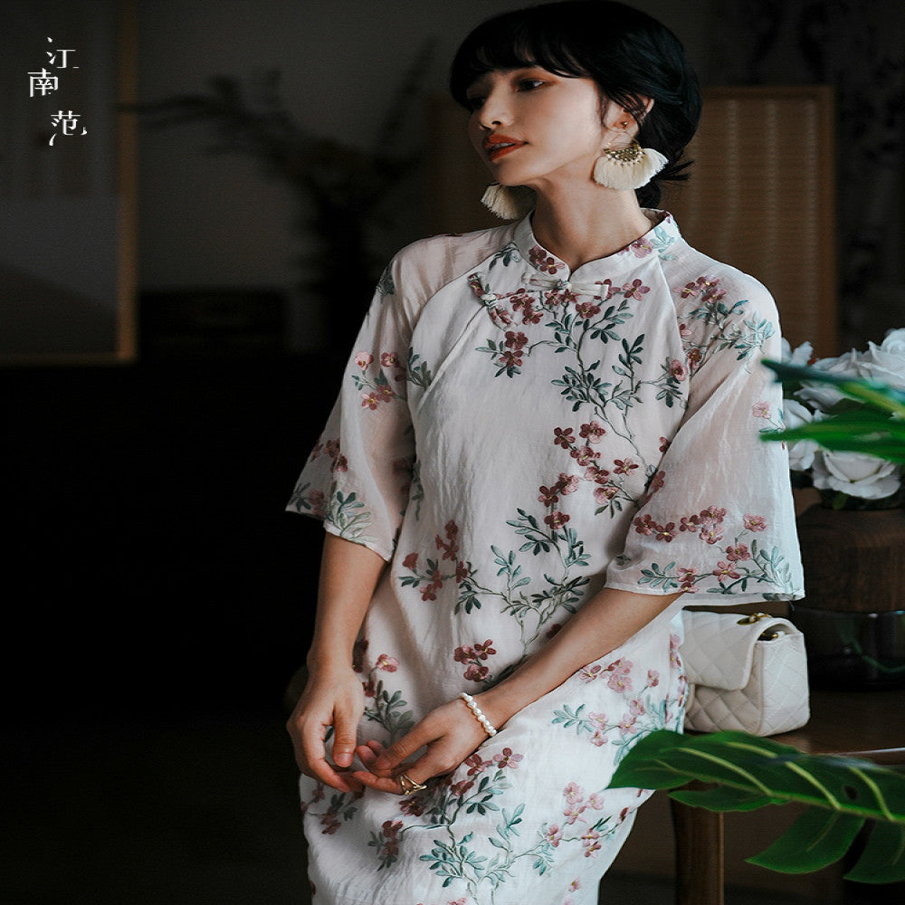 Jiangnan style new style summer improved cheongsam young style fresh and small embroidery fully open placket buttoned long skirt Chinese style thin image 1