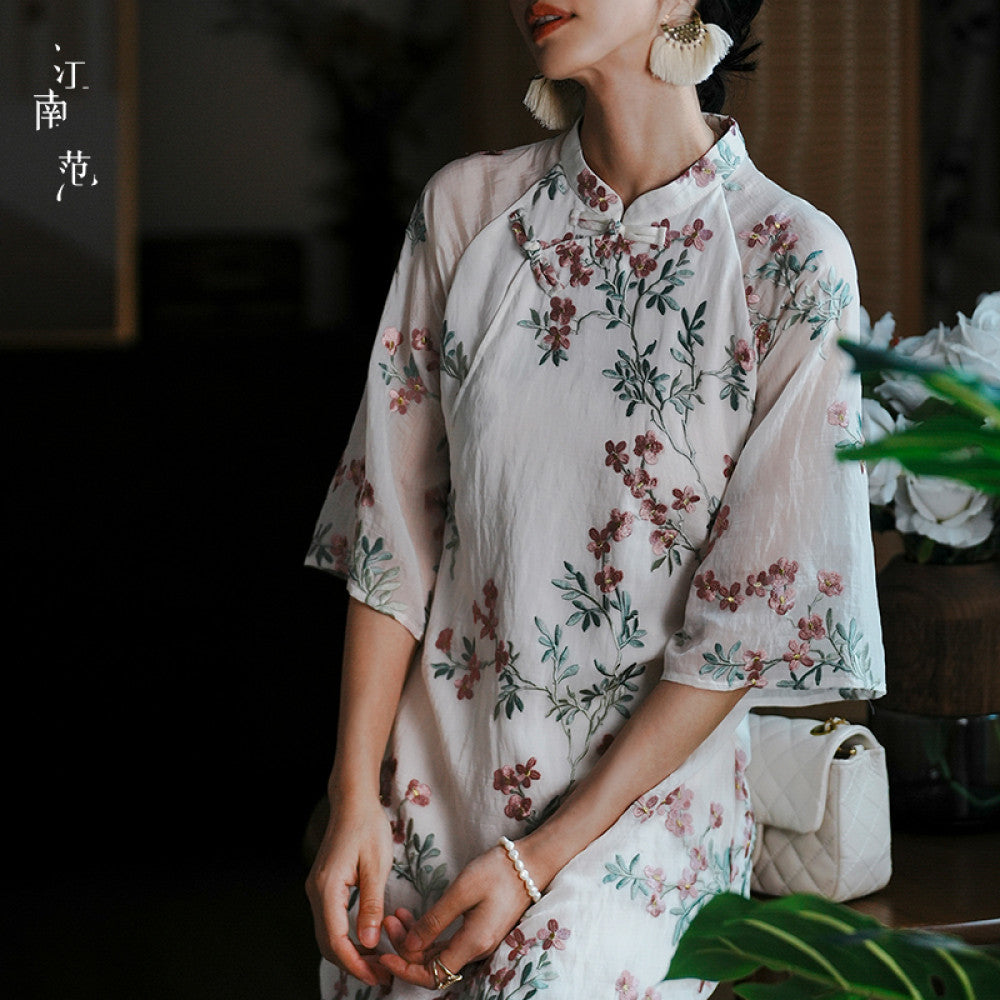 Jiangnan style new style summer improved cheongsam young style fresh and small embroidery fully open placket buttoned long skirt Chinese style thin image 22