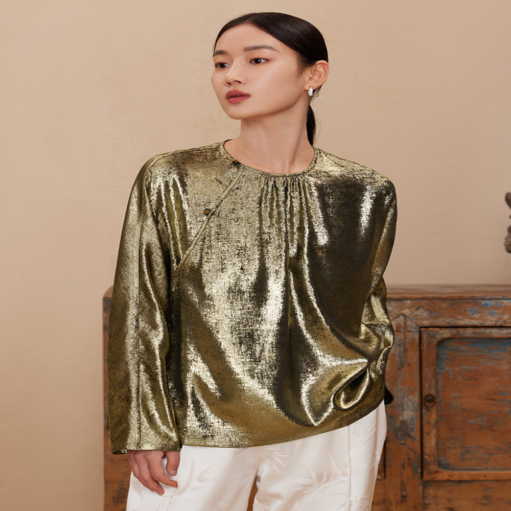 Ruyi Lianyun Spring and Autumn New Round Collar Slant Hemp Blouse Women s New Chinese Retro Jade Bead Broken Fold Top image 1