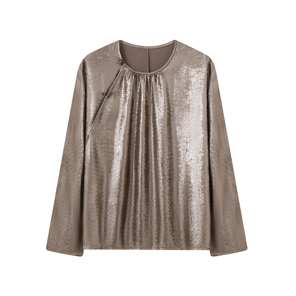 Ruyi Lianyun Spring and Autumn New Round Collar Slant Hemp Blouse Women s New Chinese Retro Jade Bead Broken Fold Top image 13