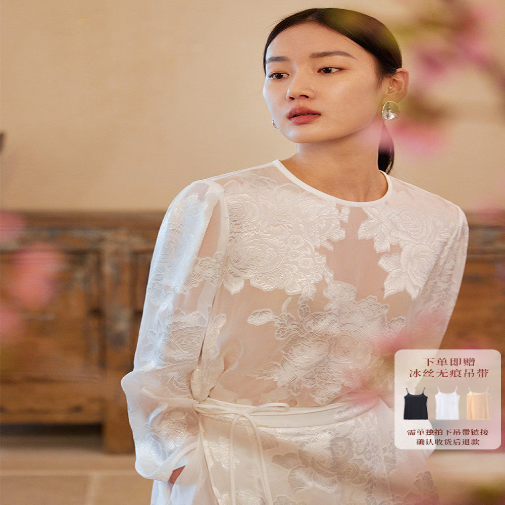 Ruyi Lianyun Spring and Autumn New Round Neck Long Sleeve Mulberry Silk Scissors Shirt Women s Retro New Chinese Style Top image 1