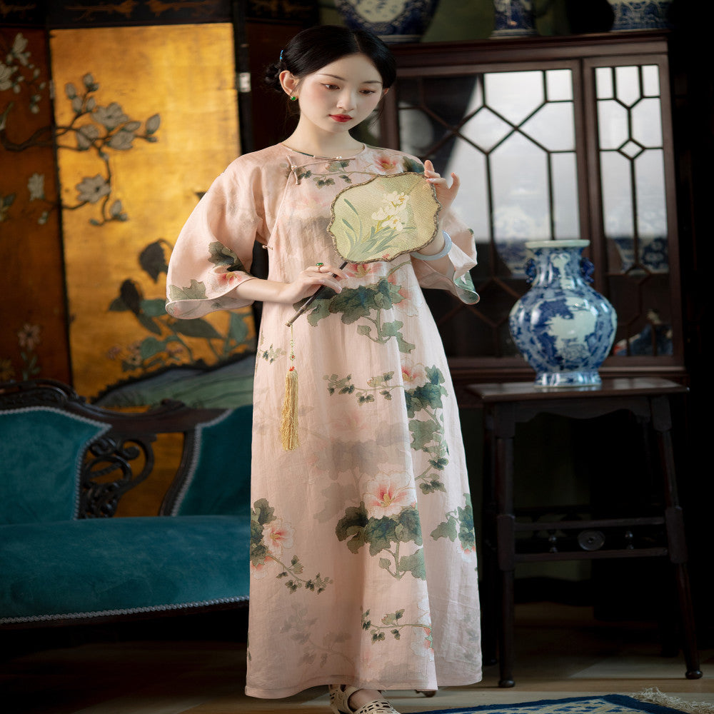 Pink Kui Reflects Summer One City Style Plush Summer Style Hemp Printed Retro Republic of China Style Inverted Big Sleeve One Piece Loose Cheongsam image 1