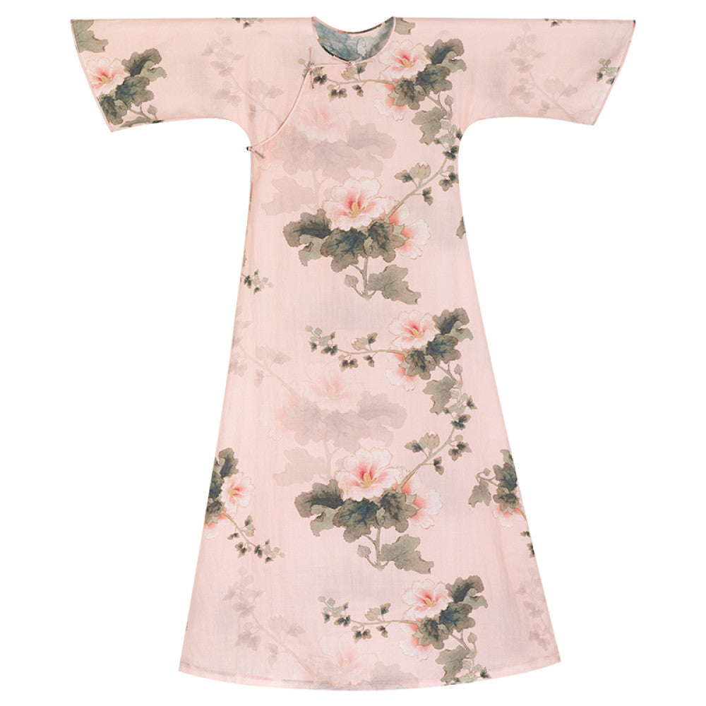 Pink Kui Reflects Summer One City Style Plush Summer Style Hemp Printed Retro Republic of China Style Inverted Big Sleeve One Piece Loose Cheongsam image 6