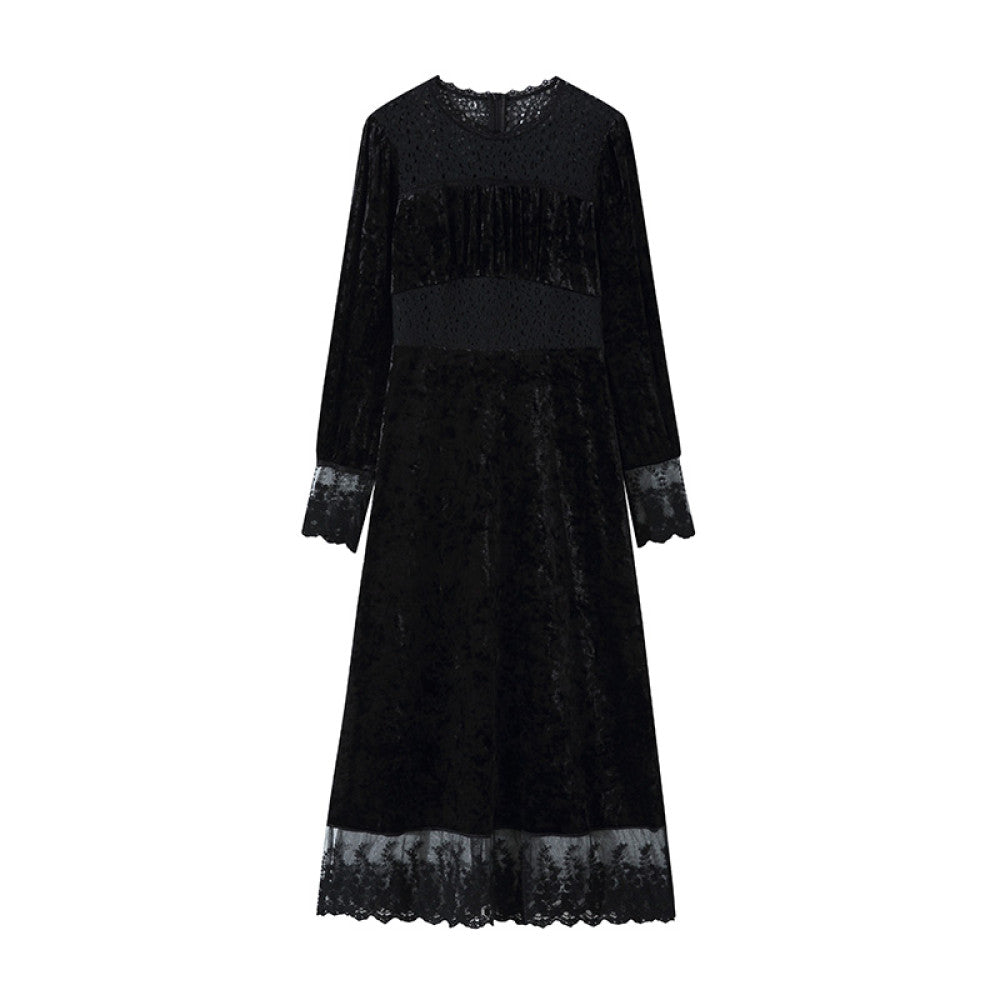 Welfare Leak Collection Lu Qing Ice Flower Bud French Dress for Women Autumn Retro Lace Bubble Sleeve Velvet Skirt image 43