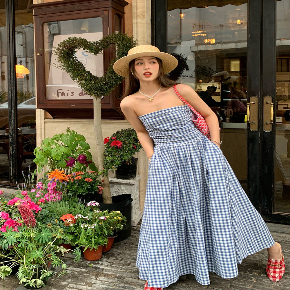 Jinyu Flower Blue Checkered French Dress Summer Women s 2025 New Open Back Sleeveless strapless Long Dress image 0