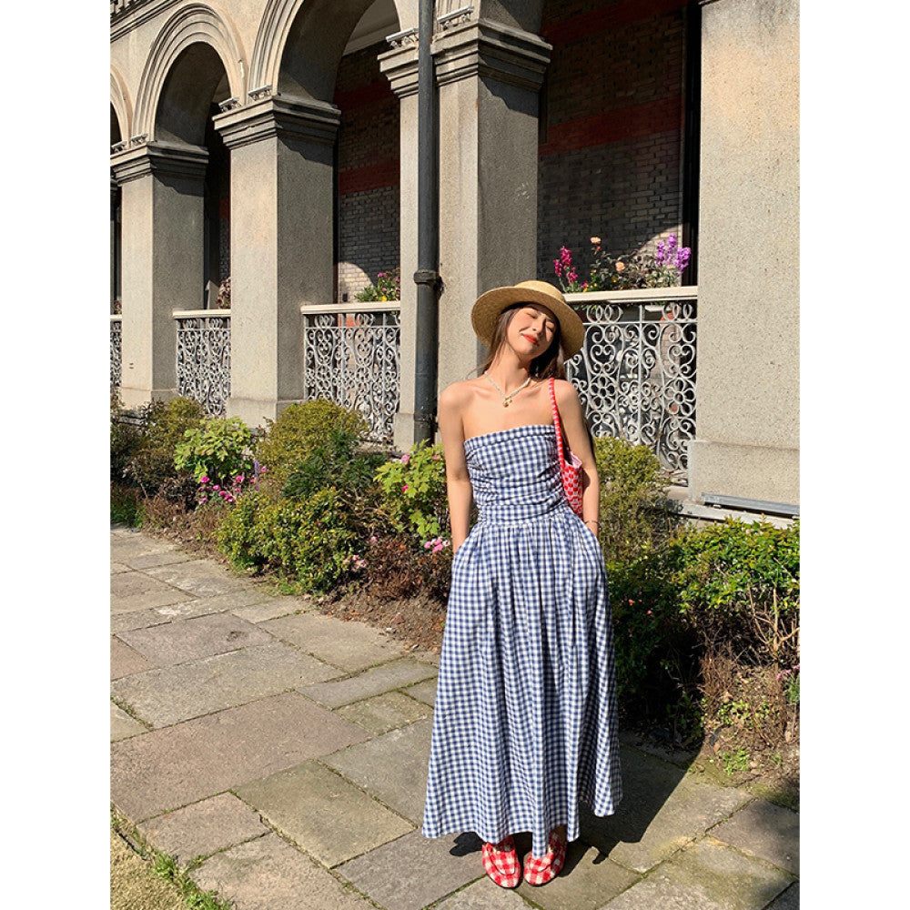 Jinyu Flower Blue Checkered French Dress Summer Women s 2025 New Open Back Sleeveless strapless Long Dress image 11