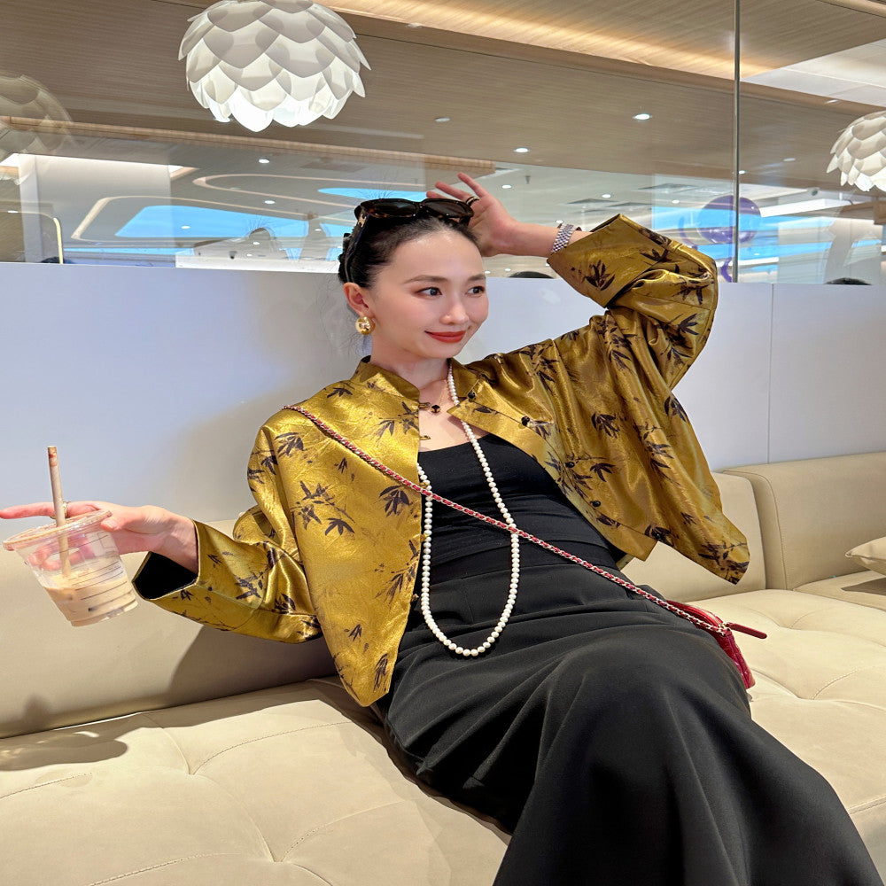 Leopard patterned fried noodles with a high end feel new Chinese style vinegar loose jacket women s Chinese style short Tang style shirt stand up collar top image 8