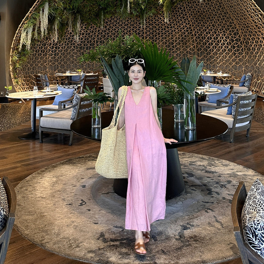 Cml midsummer linen vest skirt cocoon shaped dress summer new design sense Korean version temperament sleeveless V neck camisole skirt image 19
