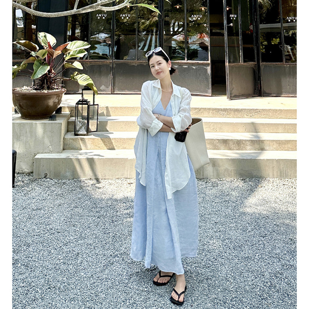 Cml midsummer linen vest skirt cocoon shaped dress summer new design sense Korean version temperament sleeveless V neck camisole skirt image 29
