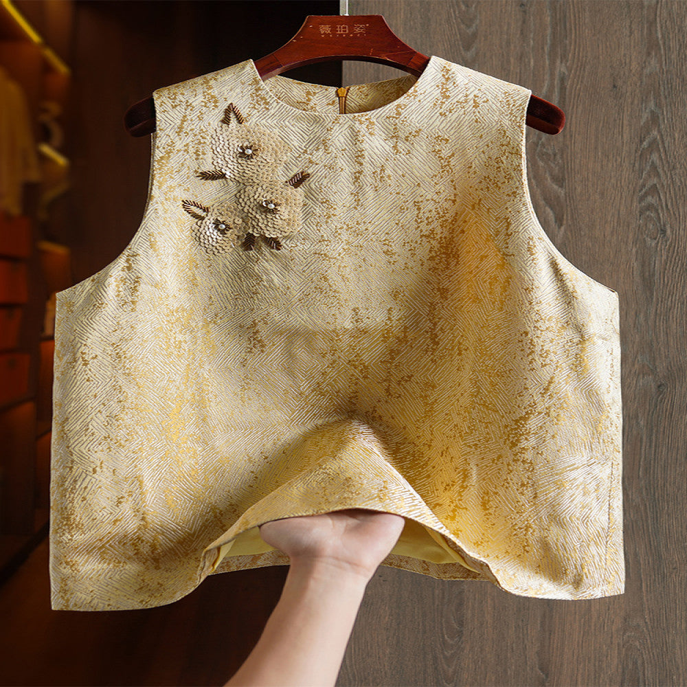 Yellow high end niche original design Chinese vest women s fashion nail bead sequin retro jacquard top image 1