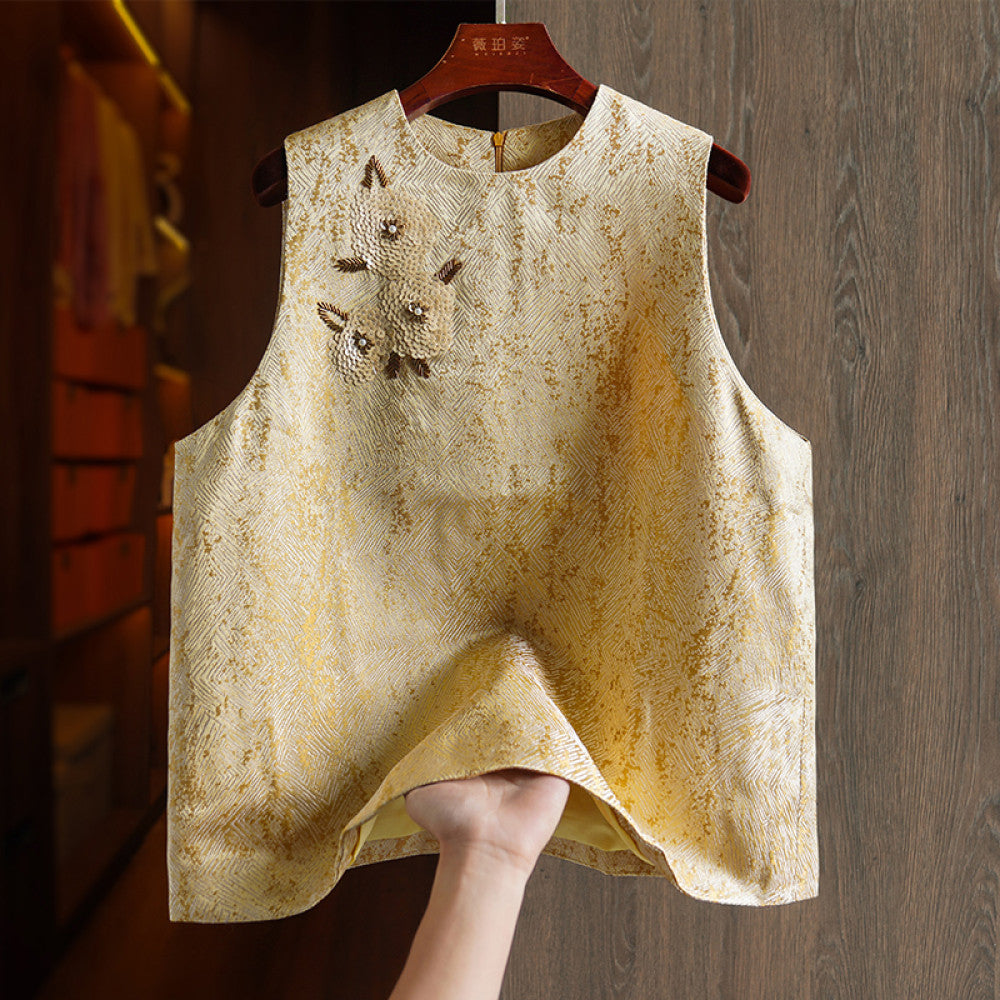 Yellow high end niche original design Chinese vest women s fashion nail bead sequin retro jacquard top image 12