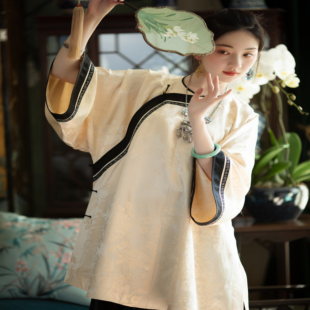 Cloud sideburns fragrant evening One city style fluff Chinese beige jacquard satin restored Qing Han diagonal women s robe top loose fitting image 0