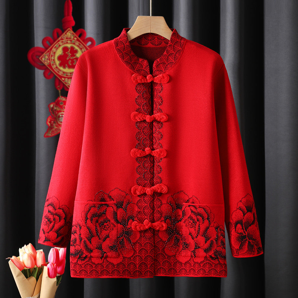Old woman mother s outfit Tang style knitted sweater autumn and winter coat red zodiac year dress retro buttoned clothes grandmother s outfit image 7