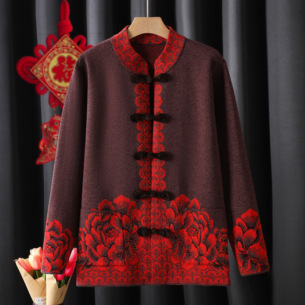 Old woman mother s outfit Tang style knitted sweater autumn and winter coat red zodiac year dress retro buttoned clothes grandmother s outfit image 39
