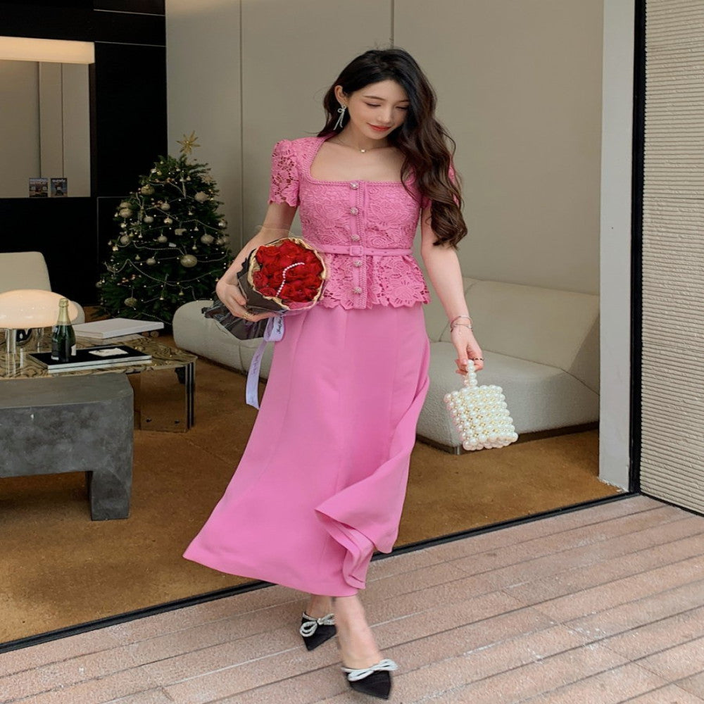 2025 new women s clothing pink hollow lace splicing niche design sense fake two piece short sleeved long dress image 7