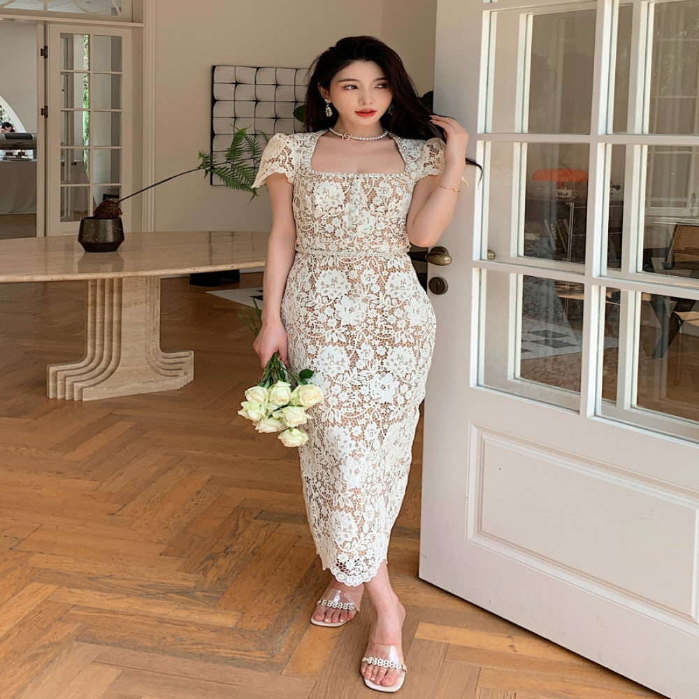 Dress for women in summer new French style niche design exquisite luxury diamond embellished lace slimming temperament long skirt image 1