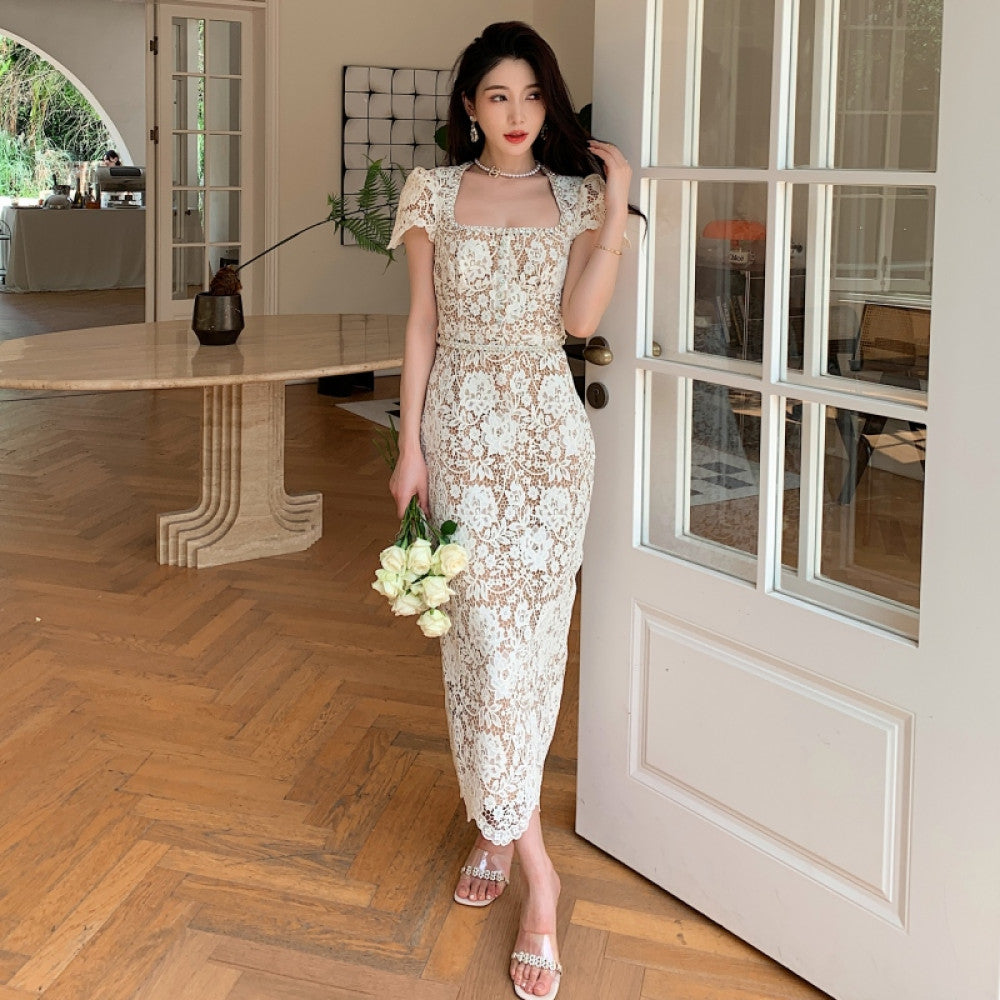 Dress for women in summer new French style niche design exquisite luxury diamond embellished lace slimming temperament long skirt image 7