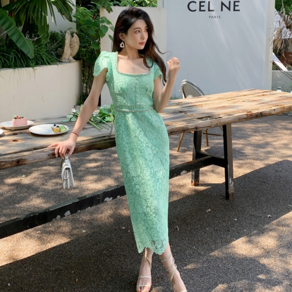 Dress for women in summer new French style niche design exquisite luxury diamond embellished lace slimming temperament long skirt image 19