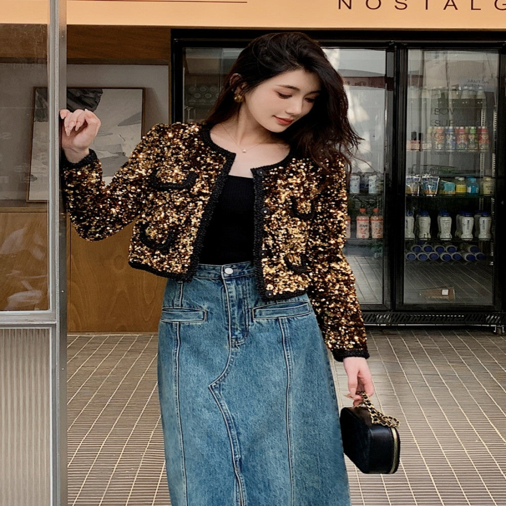Rich heiress style high end feel golden and shiny dopamine outfit retro sequined long sleeved round neck short top jacket image 1