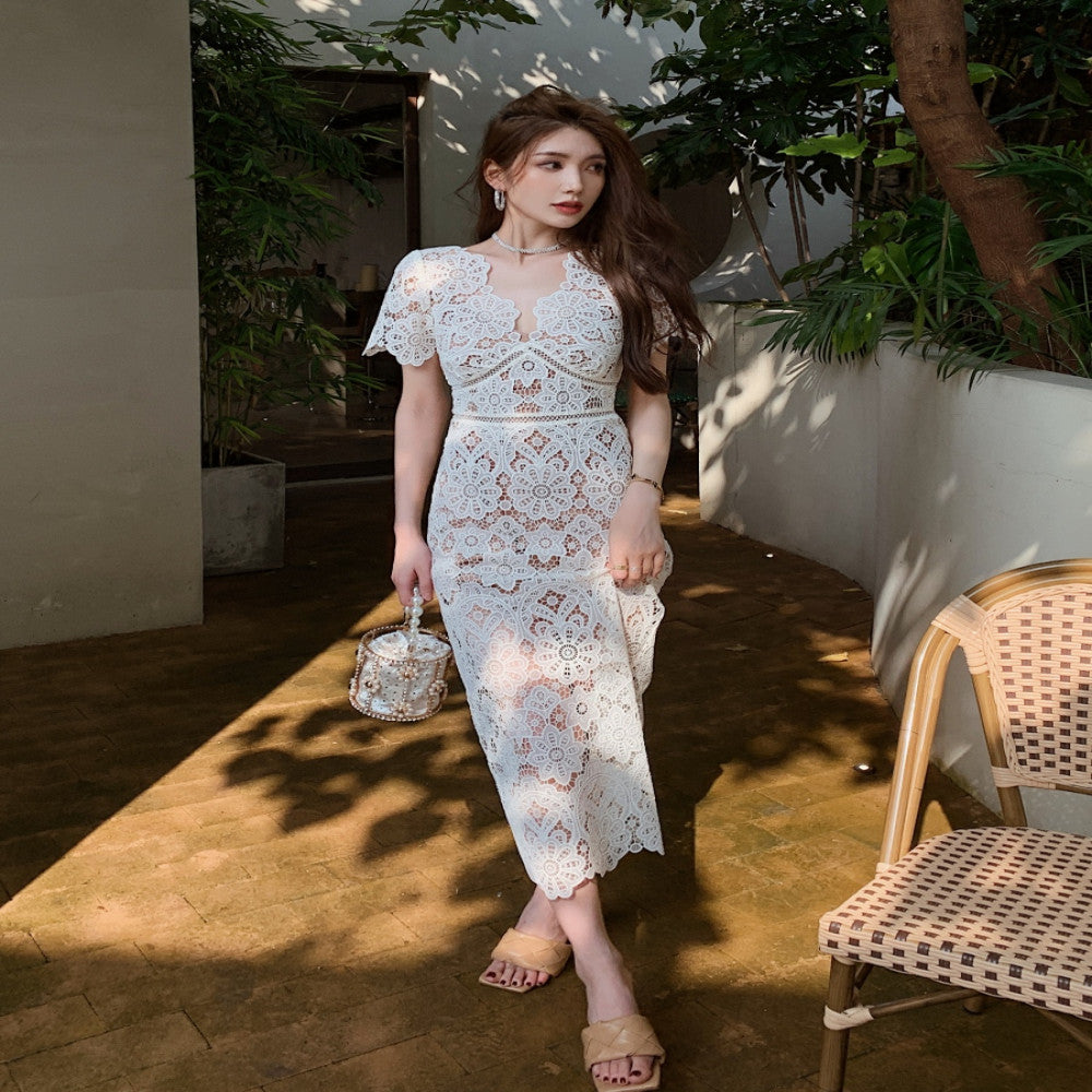 Summer high end feeling off white heavy lace short sleeved V neck dress high waist slim fit paper pencil skirt image 15