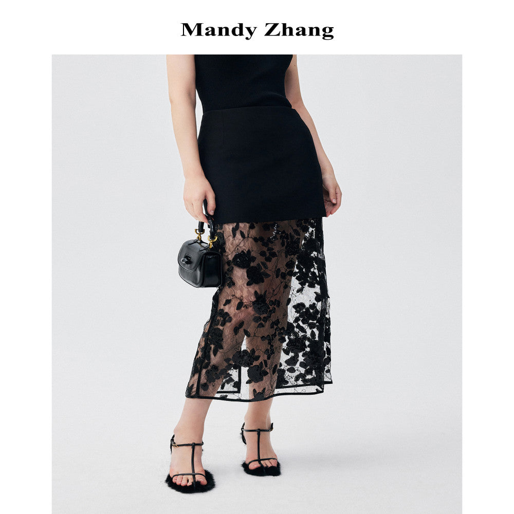 MandyZhang s high end black lace sequin mesh skirt with women s mesh hollow out long skirt that wraps around the buttocks image 0
