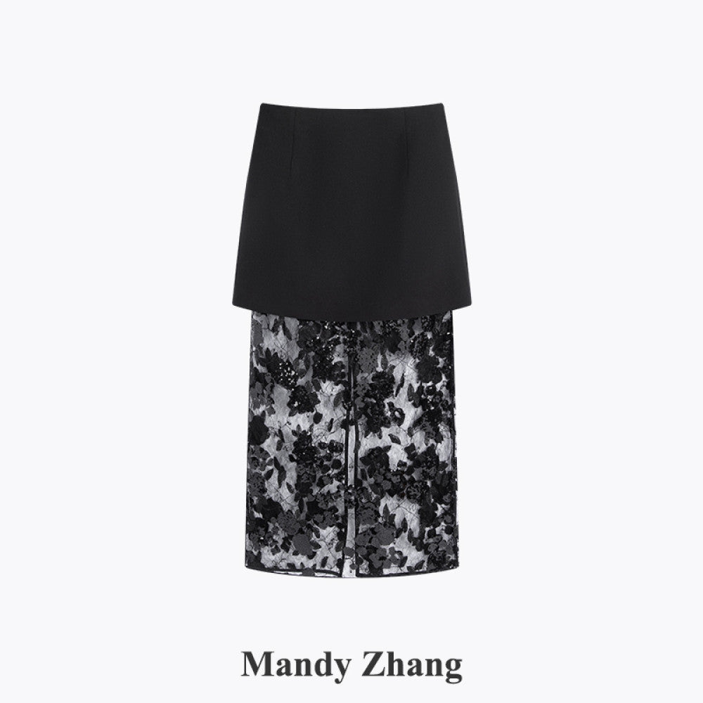 MandyZhang s high end black lace sequin mesh skirt with women s mesh hollow out long skirt that wraps around the buttocks image 11