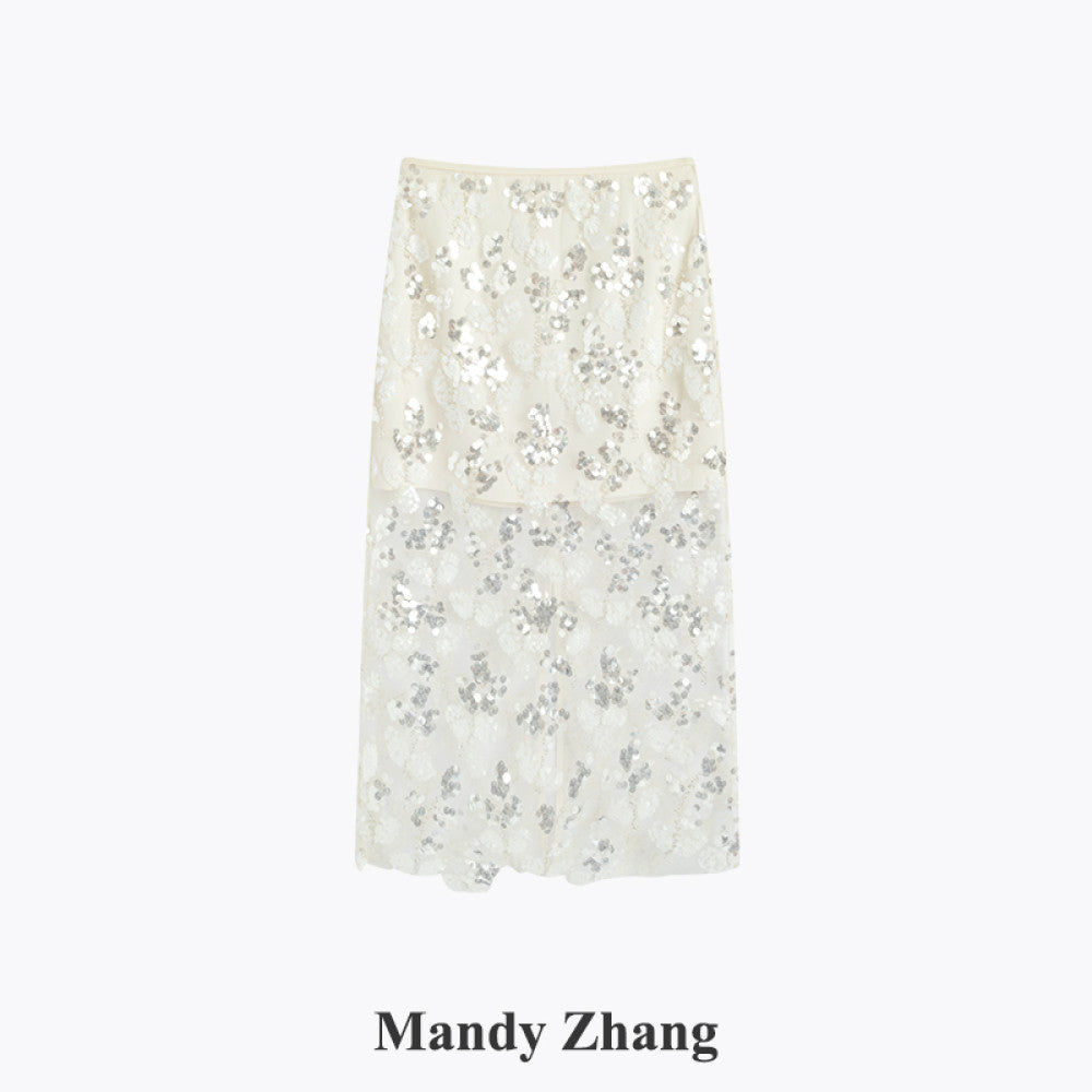 MandyZhang s high end black lace sequin mesh skirt with women s mesh hollow out long skirt that wraps around the buttocks image 19