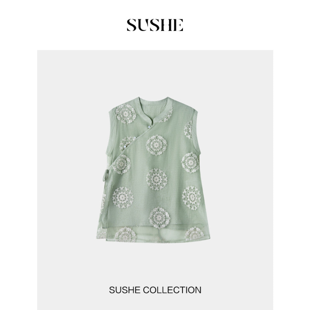 SUSHE Qingju Oriental Yaji Embroidered Tie strap Slant collar Top Hollow Lace Wide leg Pants Suit Women image 9