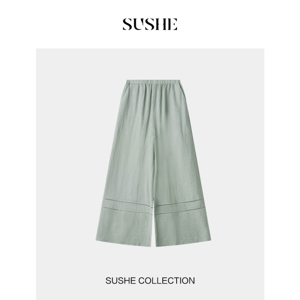 SUSHE Qingju Oriental Yaji Embroidered Tie strap Slant collar Top Hollow Lace Wide leg Pants Suit Women image 16