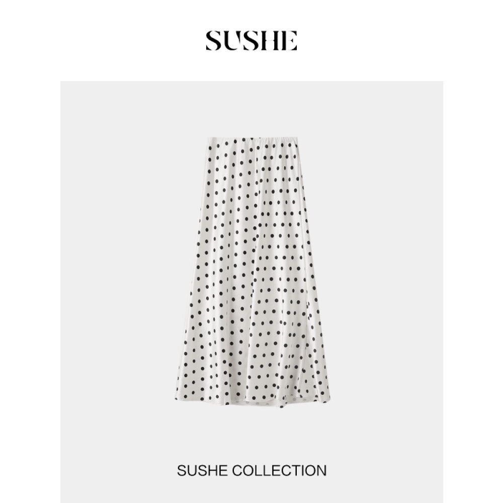Shuxi SUSHE monsoon retro style flowing satin design new wave dot long A line skirt for women autumn image 9