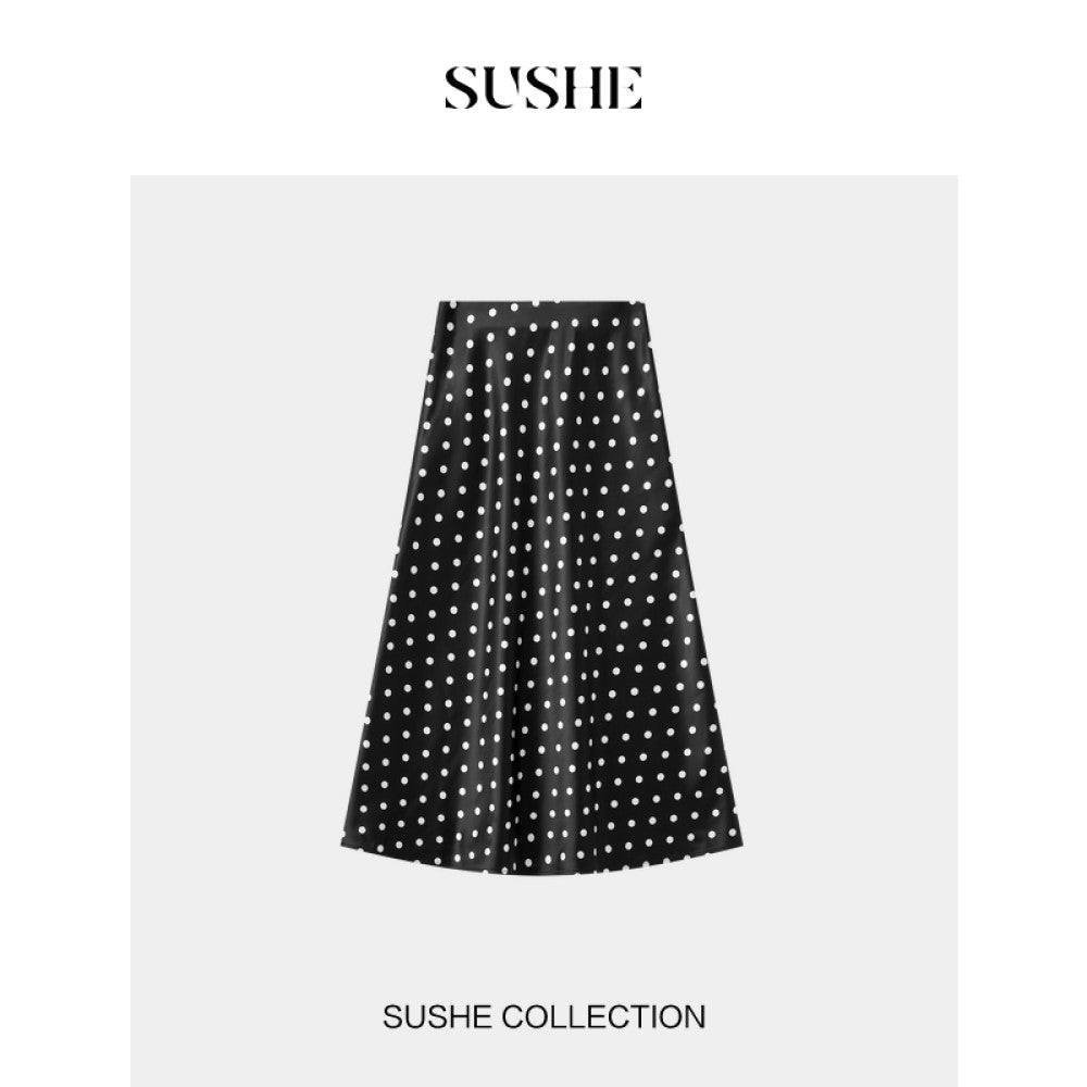 Shuxi SUSHE monsoon retro style flowing satin design new wave dot long A line skirt for women autumn image 17