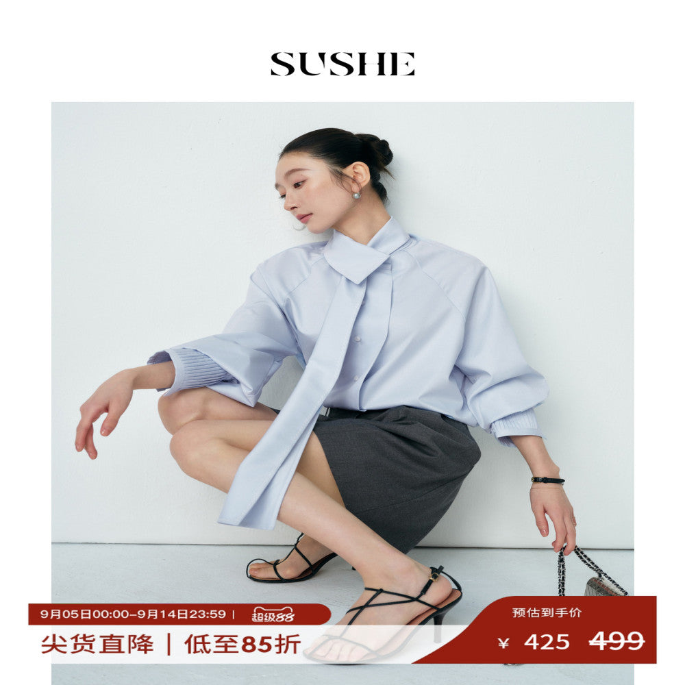 Shuxi SUSHE Zhiyi Gaozhi Elite Modal Irregular Ribbon Collar Tucker Fold Loose Shirt Women s Autumn image 1