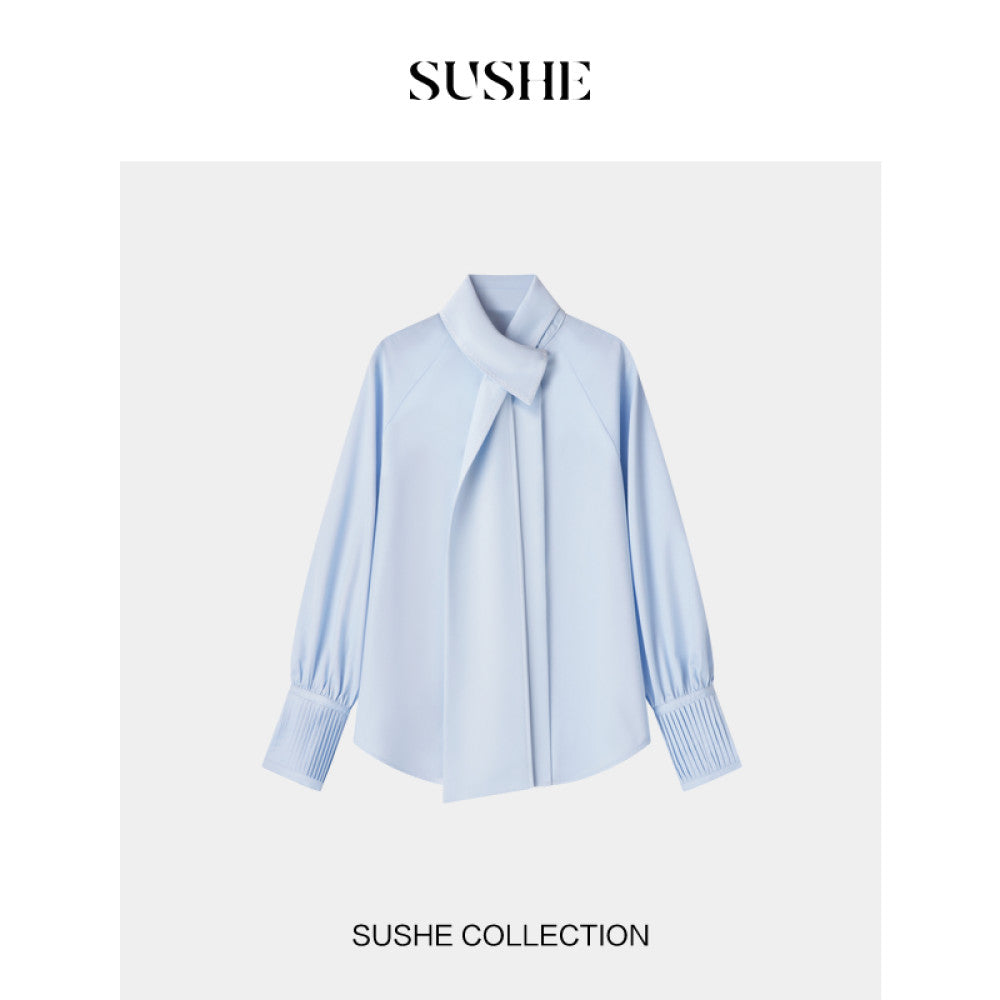 Shuxi SUSHE Zhiyi Gaozhi Elite Modal Irregular Ribbon Collar Tucker Fold Loose Shirt Women s Autumn image 10