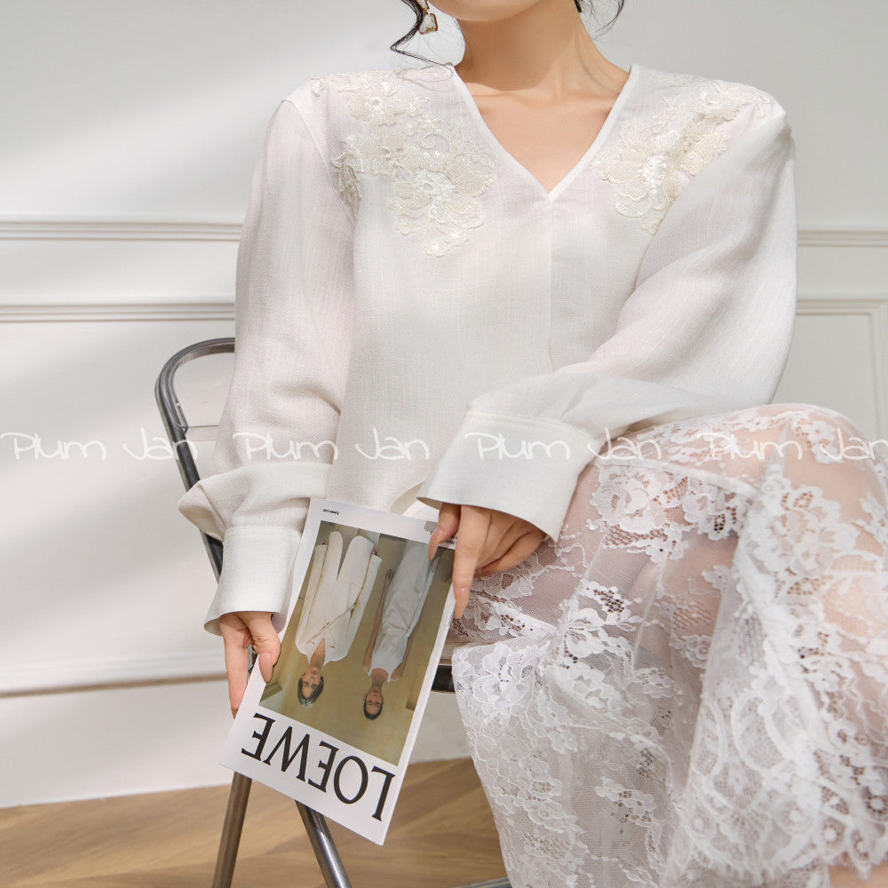 Plum Jan New Chinese style simple and fashionable V neck embroidered shirt collar decoration loose long sleeved top for women in autumn image 0