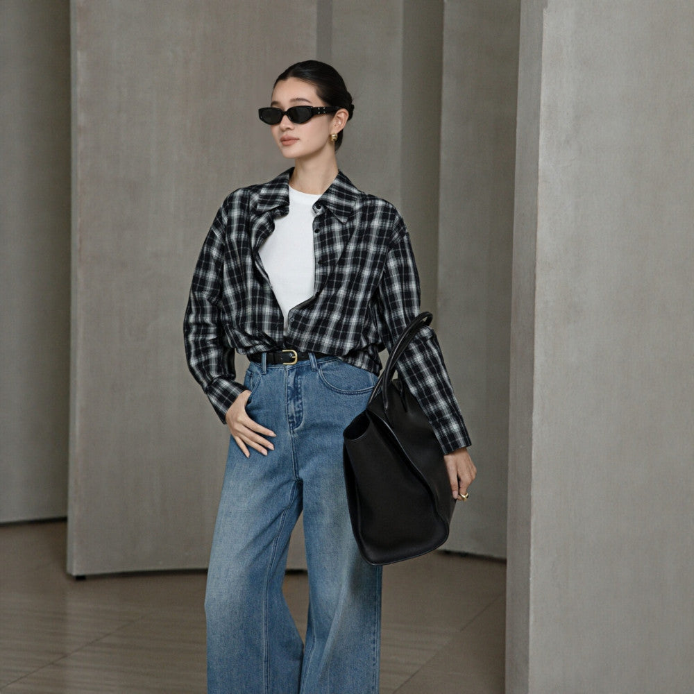 Retro Money Feng Shui Ink Grid Loose Collar Long Sleeve Shirt Collar Top Women s Cotton Autumn Winter Shirt 4008 image 8