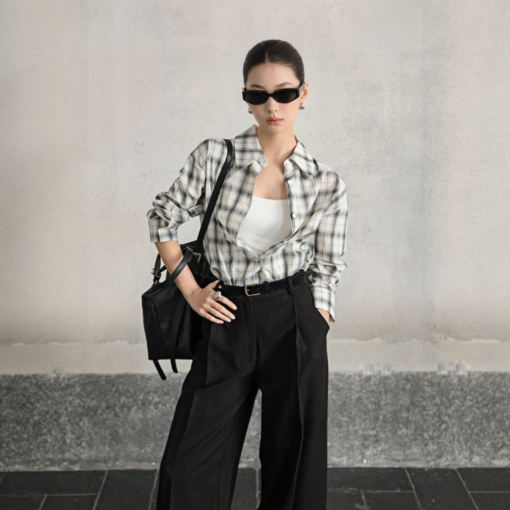 Retro Money Feng Shui Ink Grid Loose Collar Long Sleeve Shirt Collar Top Women s Cotton Autumn Winter Shirt 4008 image 12