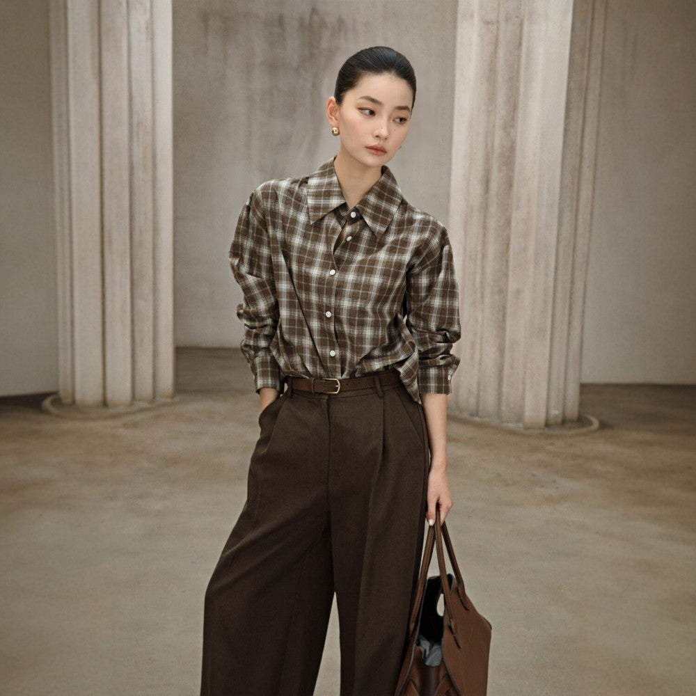 Retro Money Feng Shui Ink Grid Loose Collar Long Sleeve Shirt Collar Top Women s Cotton Autumn Winter Shirt 4008 image 14