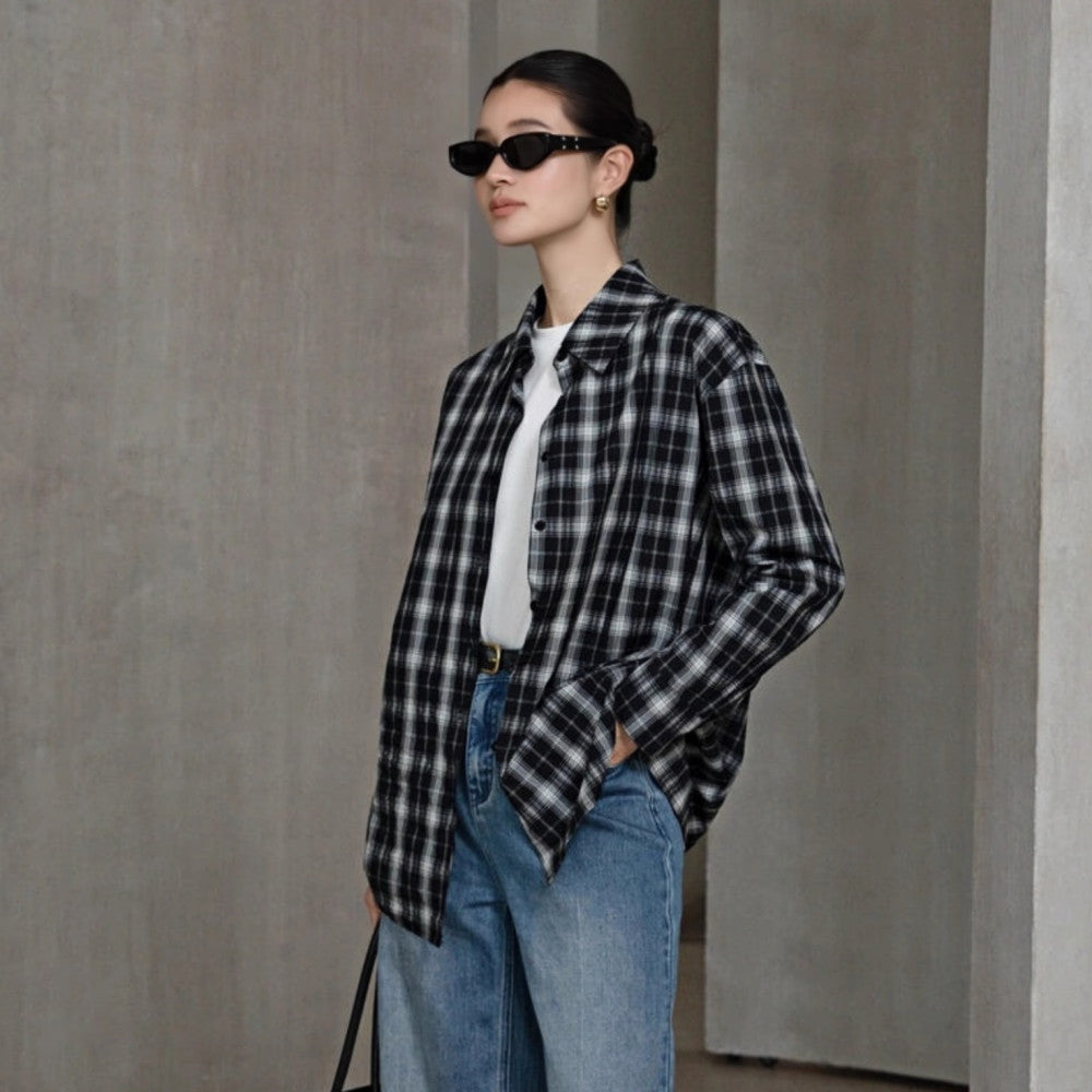 Retro Money Feng Shui Ink Grid Loose Collar Long Sleeve Shirt Collar Top Women s Cotton Autumn Winter Shirt 4008 image 18