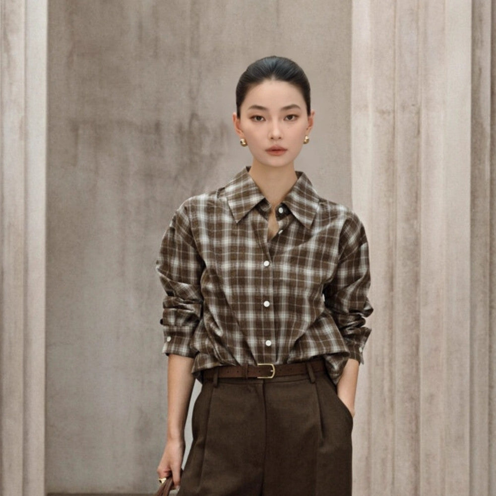 Retro Money Feng Shui Ink Grid Loose Collar Long Sleeve Shirt Collar Top Women s Cotton Autumn Winter Shirt 4008 image 28