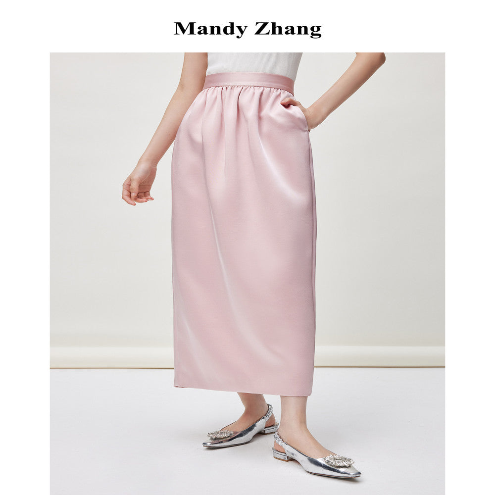MandyZhang French retro high end satin flower bud straight skirt women s autumn and winter pink slim long skirt image 1