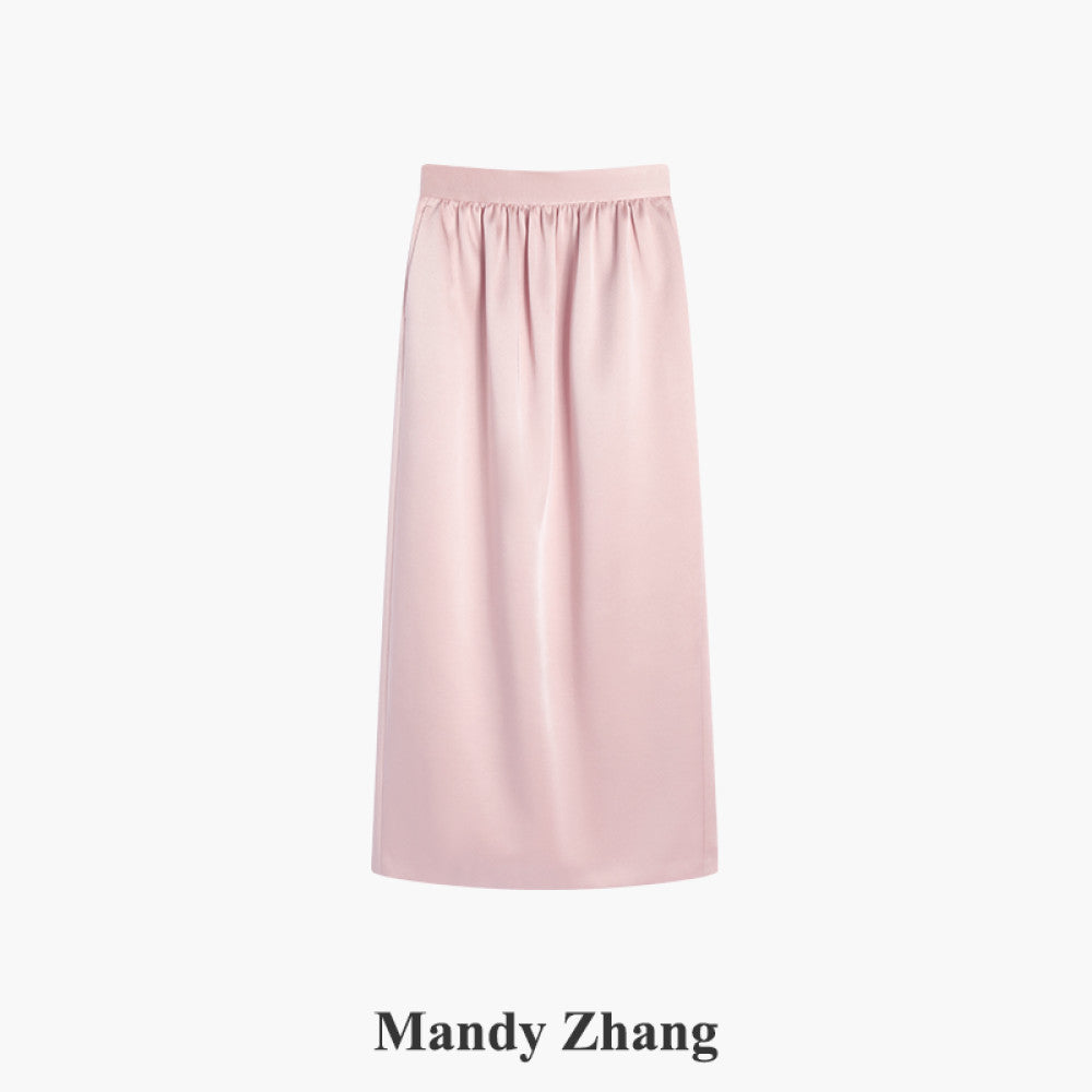 MandyZhang French retro high end satin flower bud straight skirt women s autumn and winter pink slim long skirt image 11